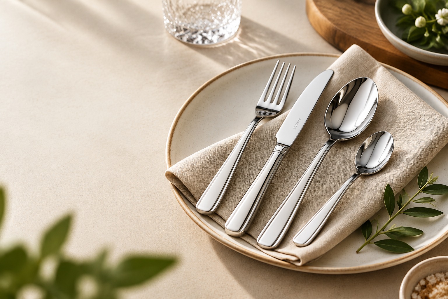 Polished stainless cutlery on linen and ceramic plate, styled for premium dining and hospitality service
