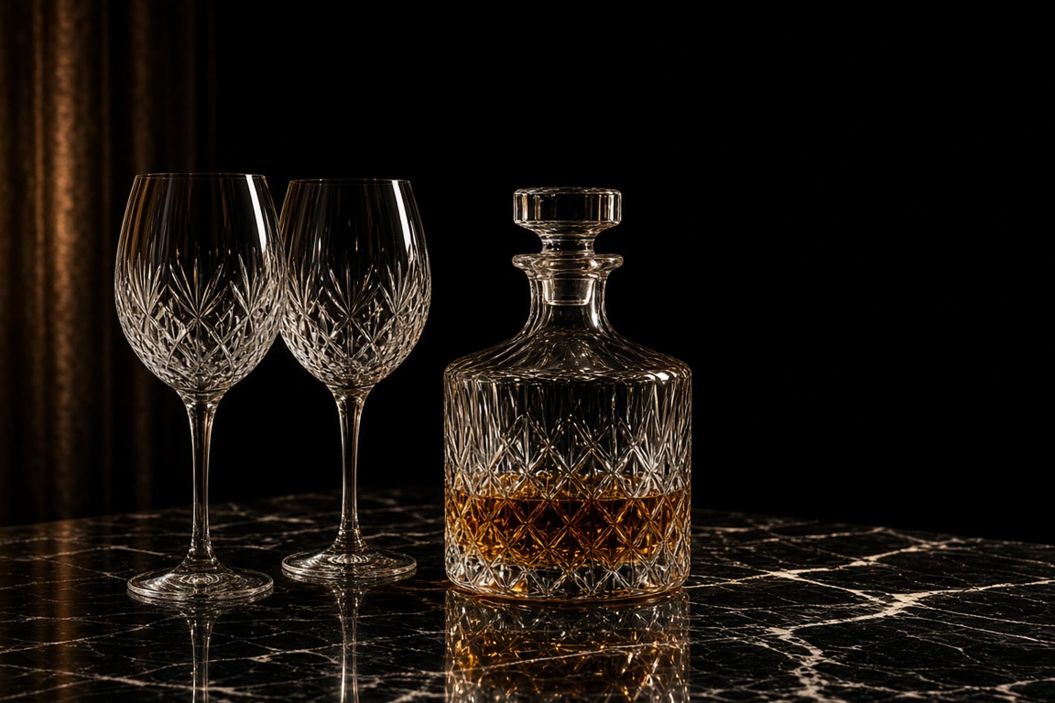 Crystal wine glasses and decanter on dark marble, styled for premium hospitality bar service