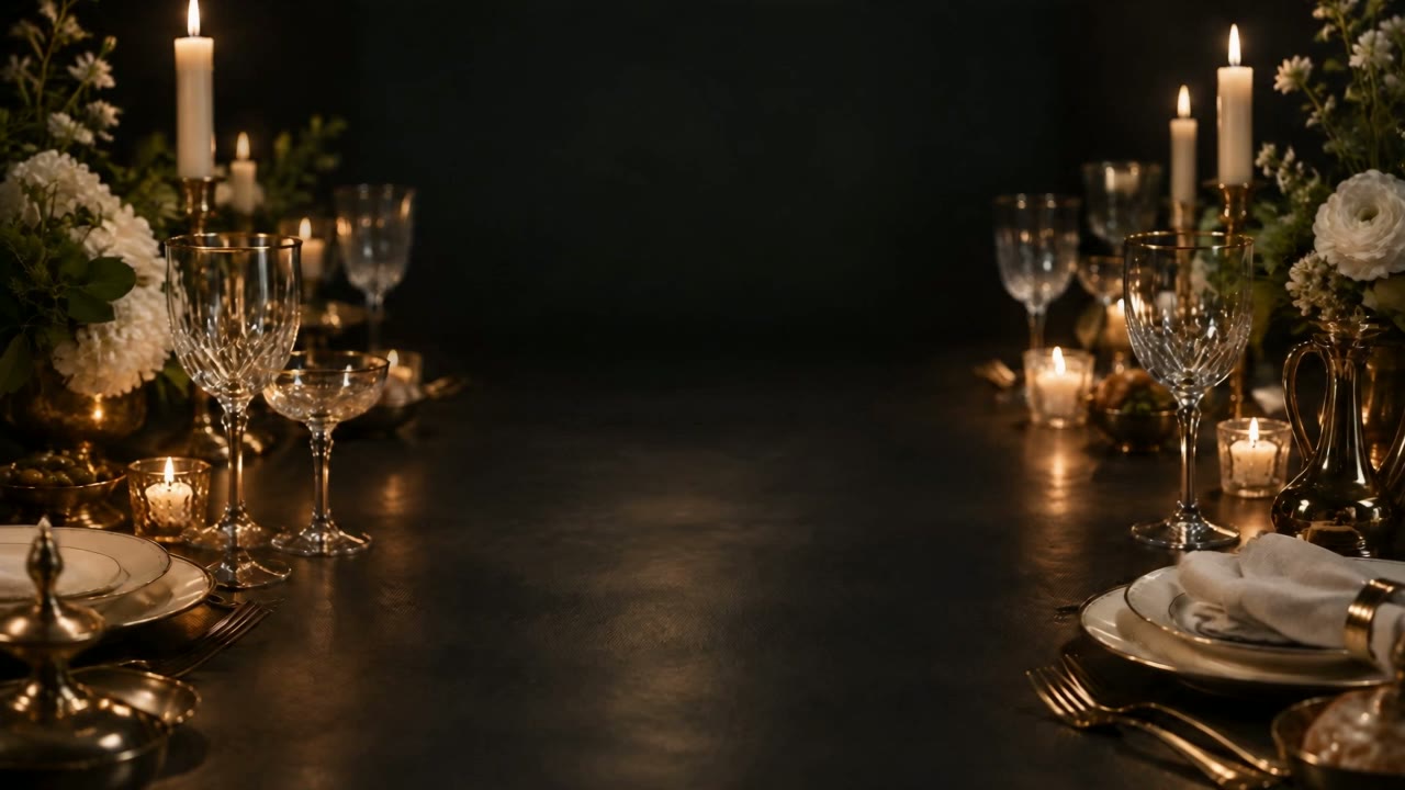 A dining table set with crystal glassware and porcelain by candlelight